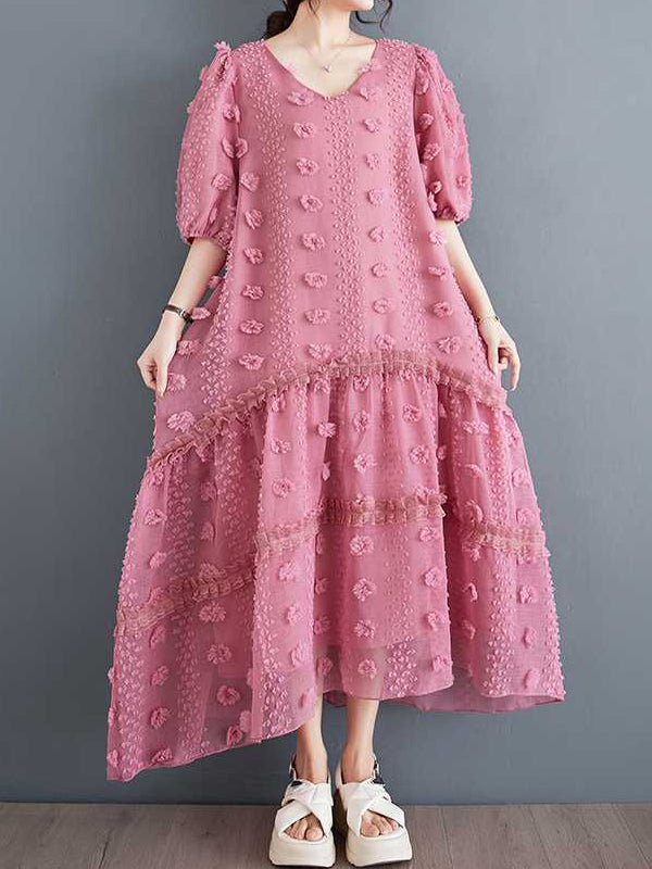 Elasticity Jacquard Solid Color Split-Joint A-Line Half Sleeves V-Neck Midi Dresses