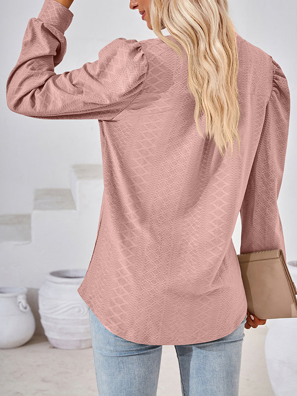 Jacquard Solid Color Long Sleeves Loose V-neck T-Shirts Tops