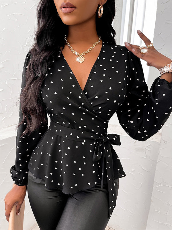 Heart Print Tied Waist Long Sleeves Puff Sleeves Deep V-Neck Blouses&shirts Tops