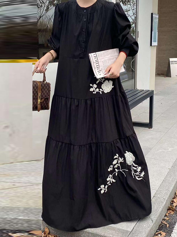 Buttoned Embroidered Pleated Pockets Split-Joint Tied Waist High Waisted Long Sleeves Round-Neck Maxi Dresses