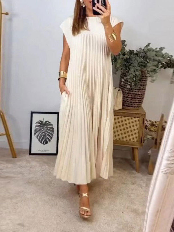 Pleated Pockets Solid Color Split-Joint A-Line High Waisted Round-Neck Maxi Dresses