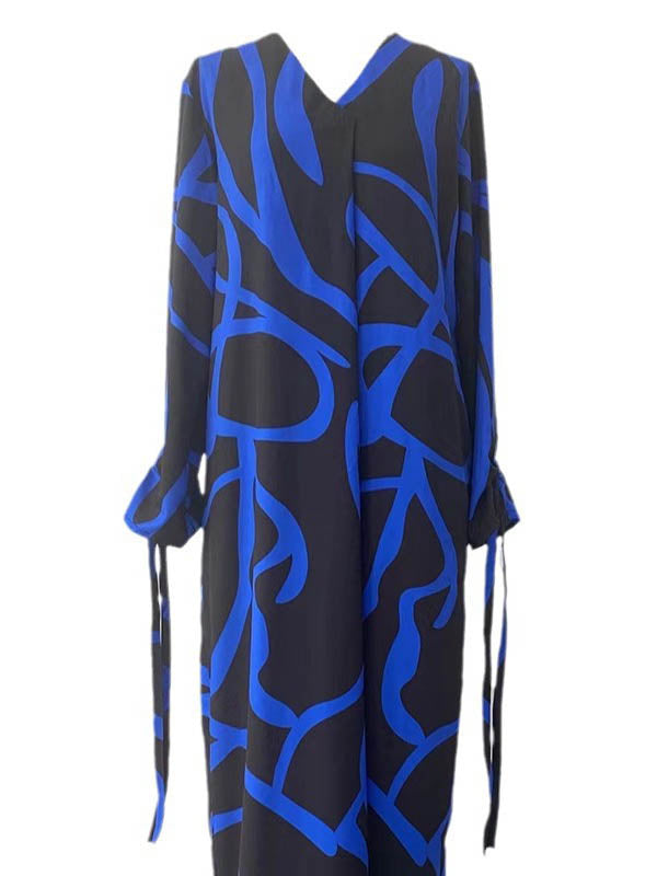 Contrast Color A-line Long Sleeves V-neck Shirt Dress Maxi Dresses