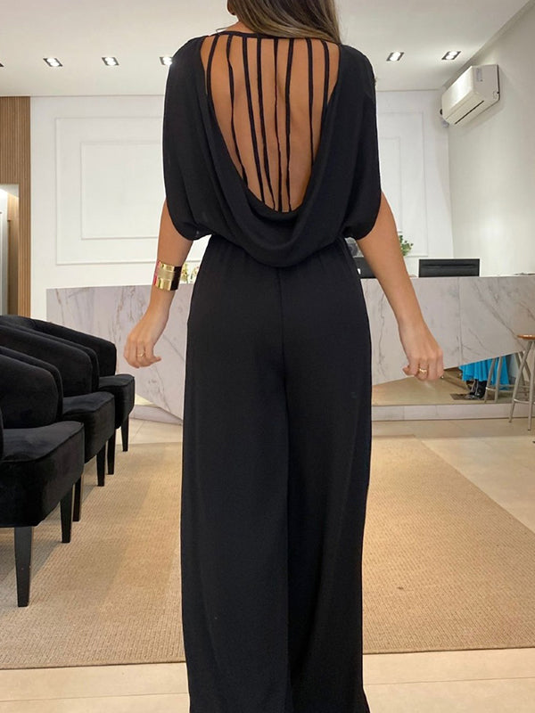 Backless Elasticity Pleated Solid Color Split-Joint High Waisted Sleeveless Jumpsuits