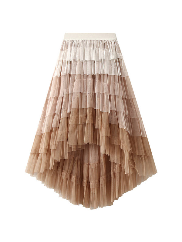 Contrast Color Elasticity Gauze Gradient Pleated Split-Joint Tiered A-Line High-Low Skirts