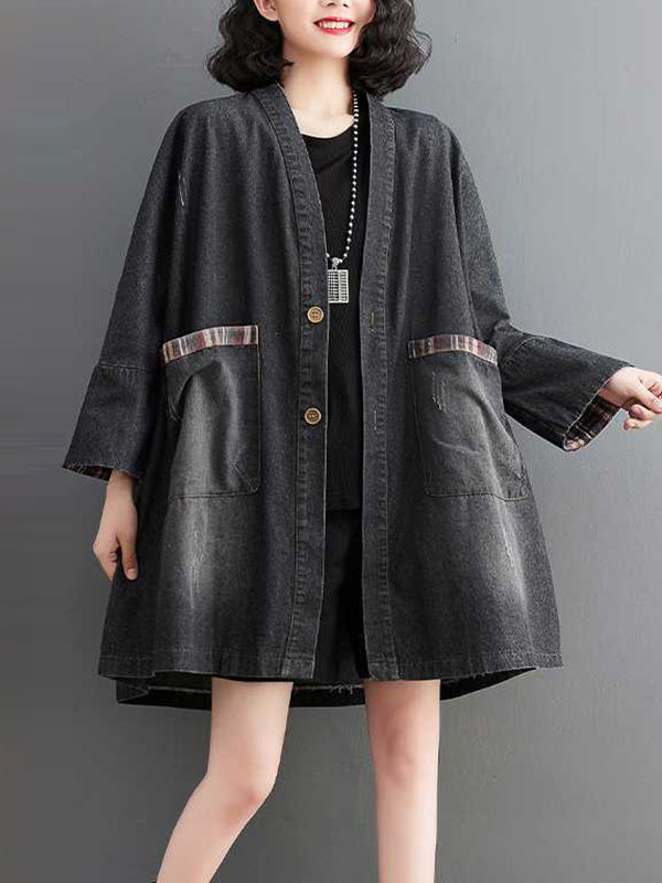Buttoned Plaid Pockets Split-Joint Long Sleeves Loose V-Neck Denim Outerwear