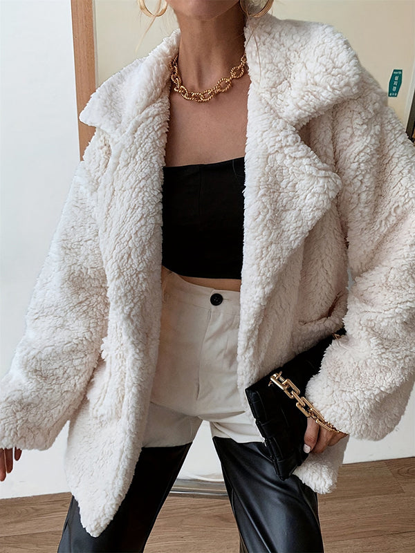 Buttoned Pockets Solid Color Velvet Long Sleeves Loose Notched Collar Outerwear
