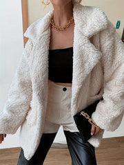 Buttoned Pockets Solid Color Velvet Long Sleeves Loose Notched Collar Outerwear
