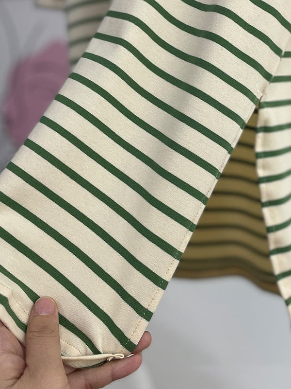 Split-Joint Split-Side Striped Long Sleeves Loose Round-Neck T-Shirts