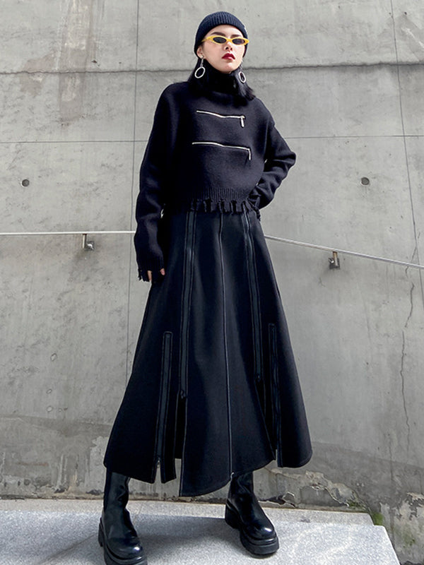 Solid Color Split-Joint Split-Side Zipper A-Line Irregularity Skirts Bottoms