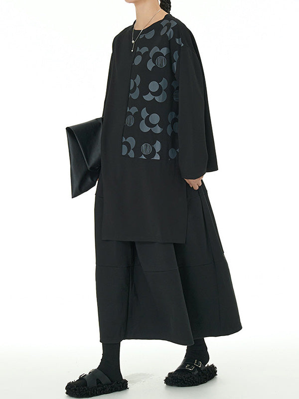Asymmetric Flower Print Long Sleeves Loose Round-neck T-Shirts Tops