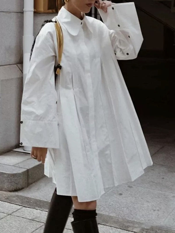 Buttoned Pleated Solid Color Long Sleeves Lapel Shirt Dress Midi Dresses