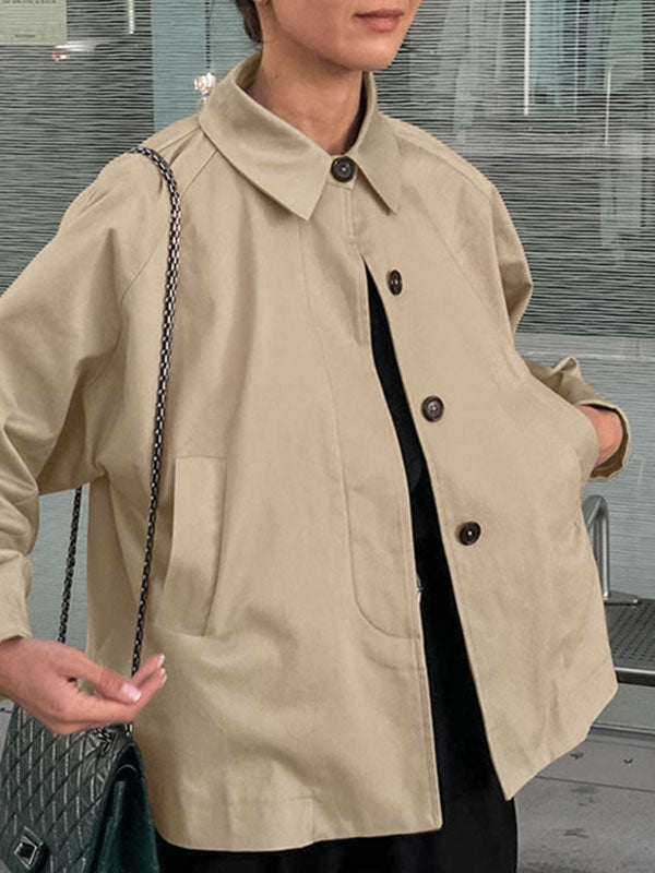 Buttoned Pockets Long Sleeves Loose Lapel Trench Coats Outerwear