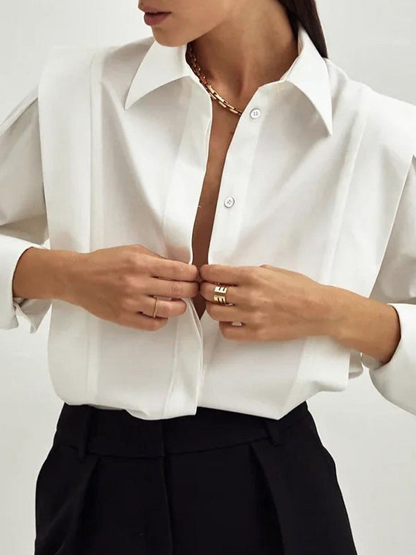 Buttoned Solid Color Long Sleeves Loose Lapel Blouses&Shirts Tops
