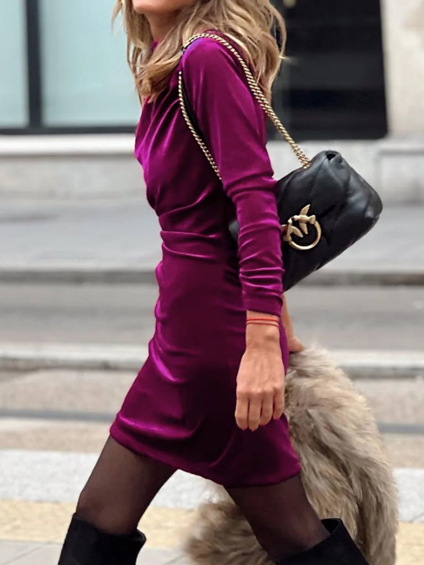 Solid Color Zipper Wrap Stand Collar Mini Dresses