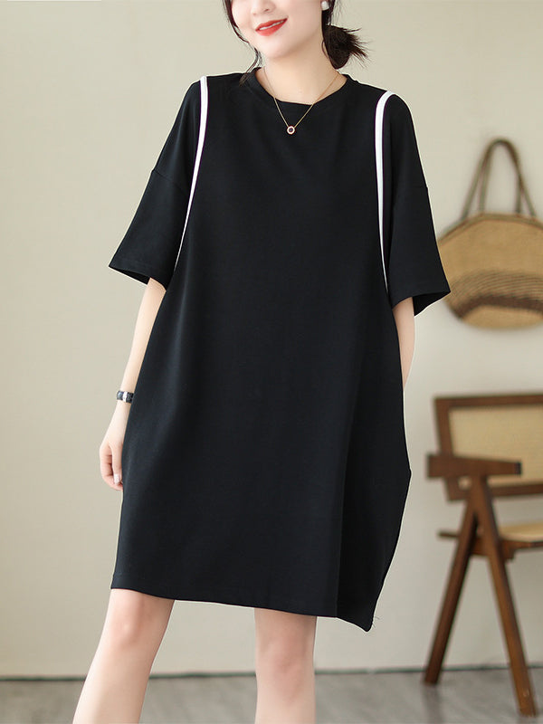 Split-Joint Loose Short Sleeves Round-Neck Mini Dresses
