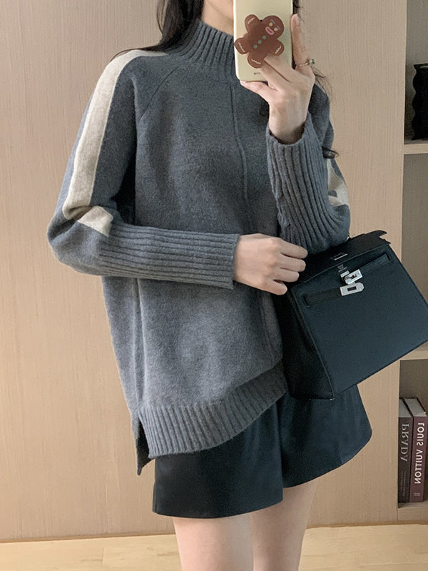 Contrast Color Split-Joint Split-Side High-Low Long Sleeves High Neck Sweater Tops Pullovers