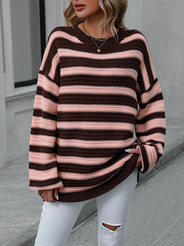 Striped Long Sleeves Loose Round-Neck Sweater Tops Pullovers