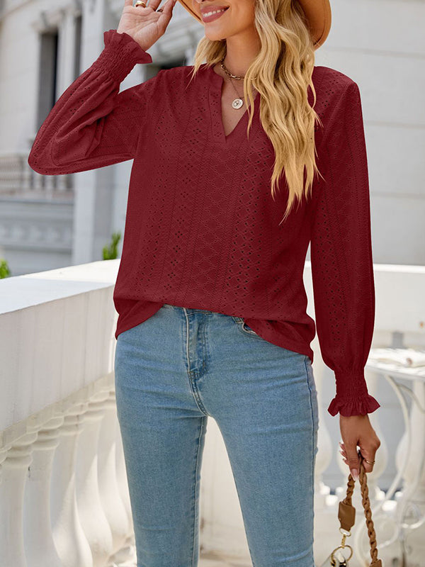 Elasticity Hollow Solid Color Long Sleeves Loose V-neck T-Shirts Tops