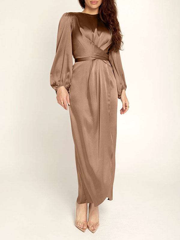 High-Waisted Solid Color Tied Waist Zipper Wrap Round-neck Maxi Dresses