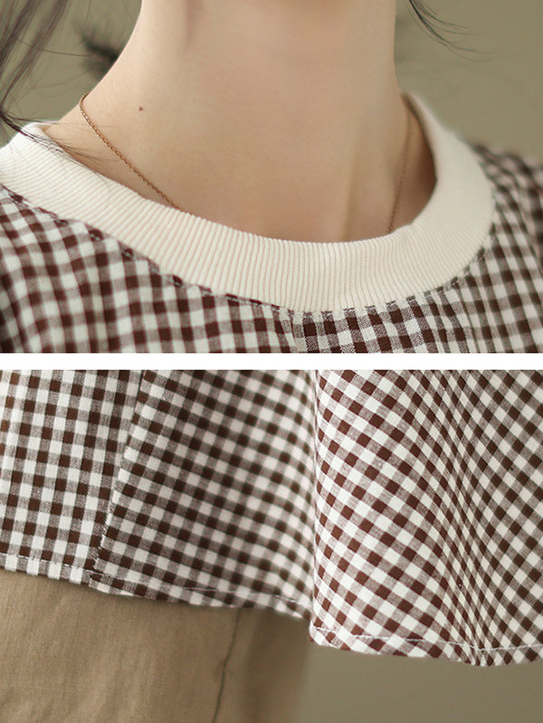 Puff Sleeves Irregularity Plaid Split-Joint Round-Neck T-Shirts Tops