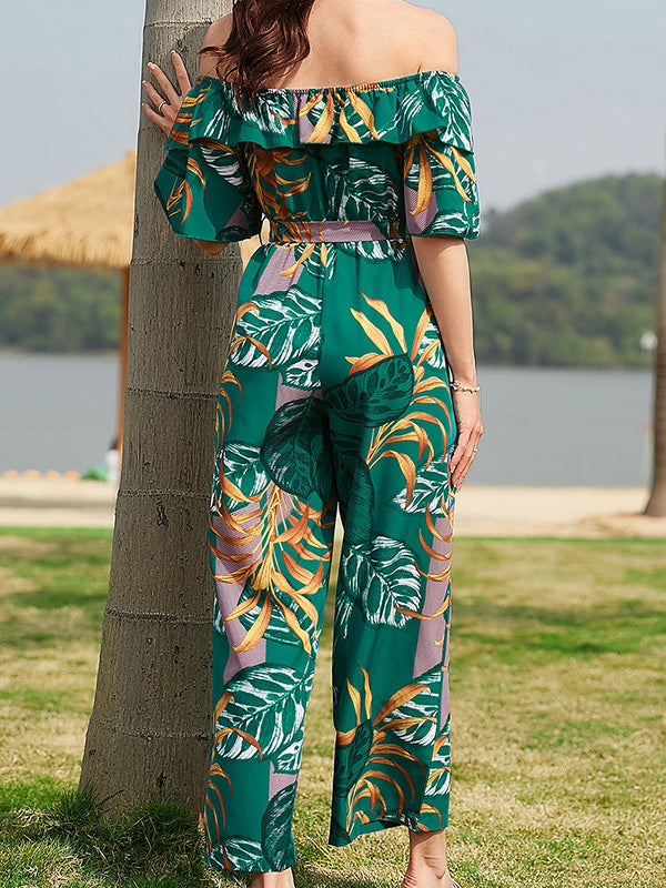 Elasticity Leaves Print Ruffled Tied Waist Half Sleeves Loose Off-The-Shoulder Jumpsuits