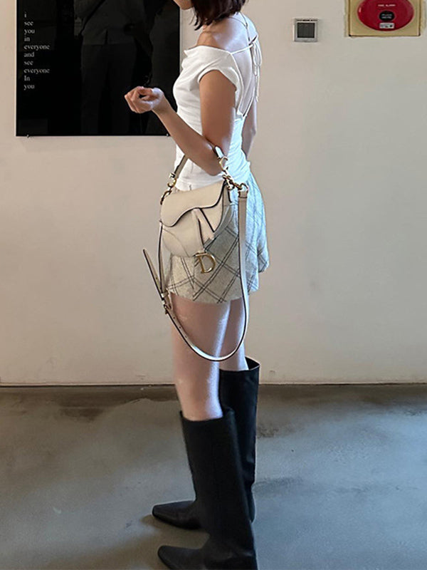 Backless Solid Color Split-Joint Tied Skinny Sleeveless Off-The-Shoulder T-Shirts Tops