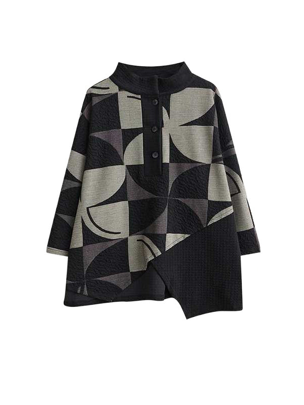 Asymmetric Buttoned Long Sleeves Printed Stand Collar Sweatshirt Top + Harem Pants Pants Bottom Two Pieces Set