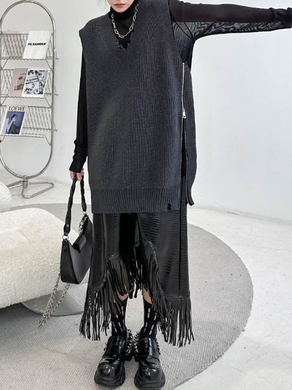 Asymmetric Split-Side Zipper Loose Sleeveless V-Neck Vest Outerwear