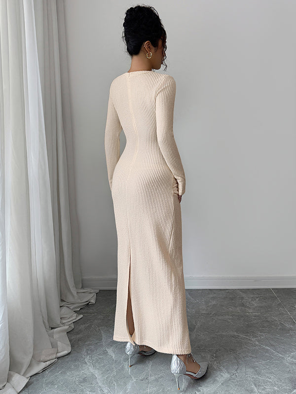Hollow Lacy Pleated Solid Color Split-Back Split-Joint Zipper Bodycon Long Sleeves Round-Neck Maxi Dresses