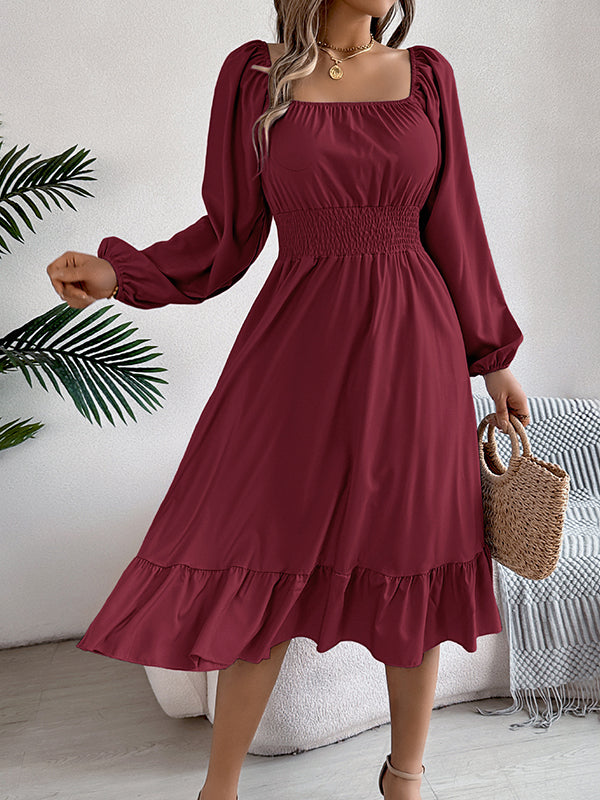 Pleated Ruffled Solid Color A-Line Elasticated Waist Square-Neck Midi Dresses