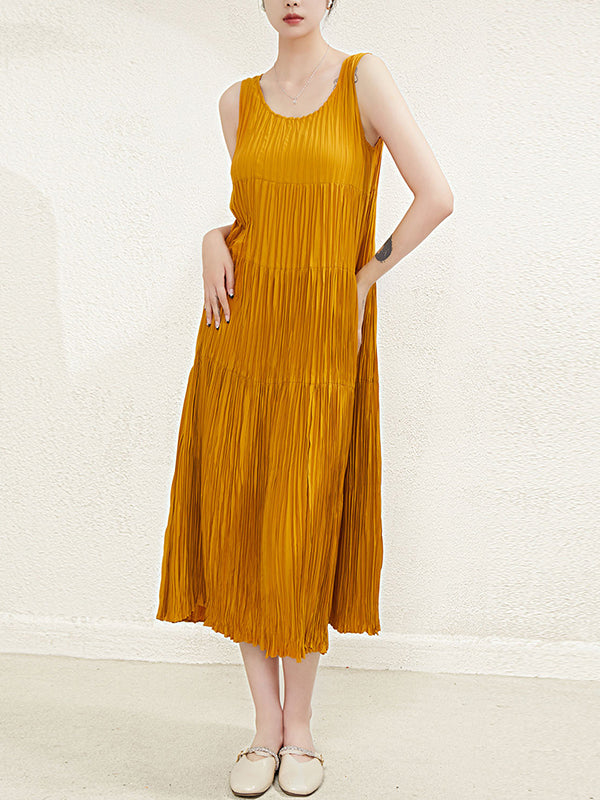 Pleated Solid Color Split-Joint Loose Sleeveless Round-Neck Midi Dresses