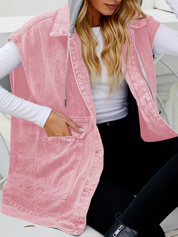 Buttoned Detachable Hooded Pockets Split-Joint Loose Sleeveless Lapel Collar Vest Outerwear