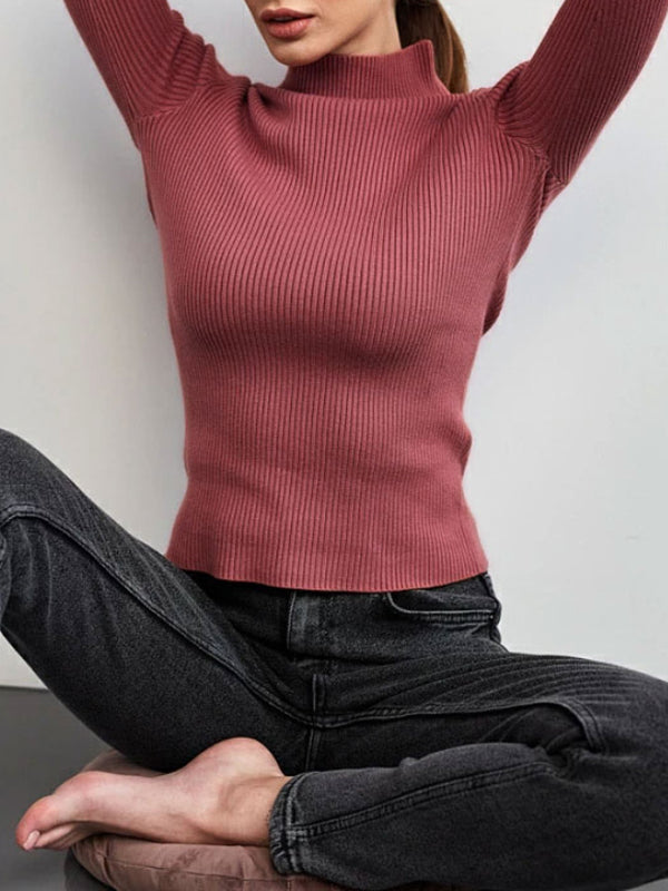 Solid Color Split-Joint Long Sleeves Skinny High Neck Sweater Tops