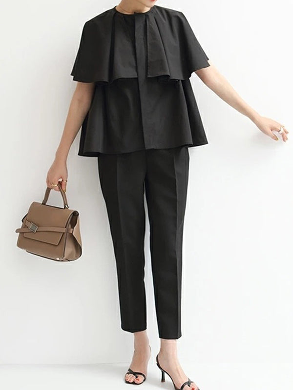 Falbala Loose Short Sleeves Round-neck Blouses&shirts Tops