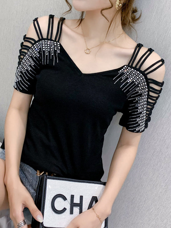 Hollow Rhine Stones Solid Color Split-Joint Loose Raglan Sleeve V-Neck T-Shirts Tops