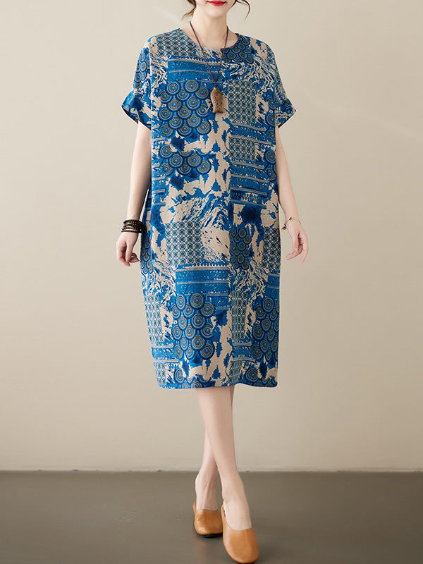 Original Loose Short Sleeves Contrast Color Printed Round-Neck Midi Dresses
