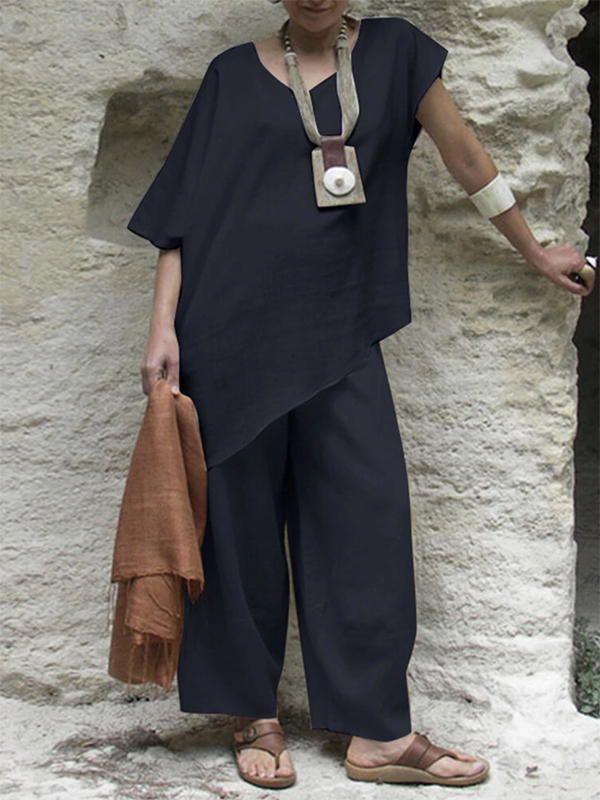 Casual Short Sleeves Loose Asymmetric Solid Color V-Neck Two Pieces Set