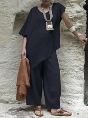 Casual Short Sleeves Loose Asymmetric Solid Color V-Neck Two Pieces Set