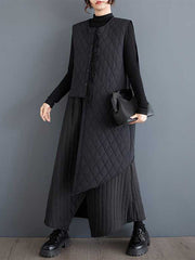 Asymmetric Buttoned Quilted Solid Color Loose Sleeveless Round-Neck Padded Vest