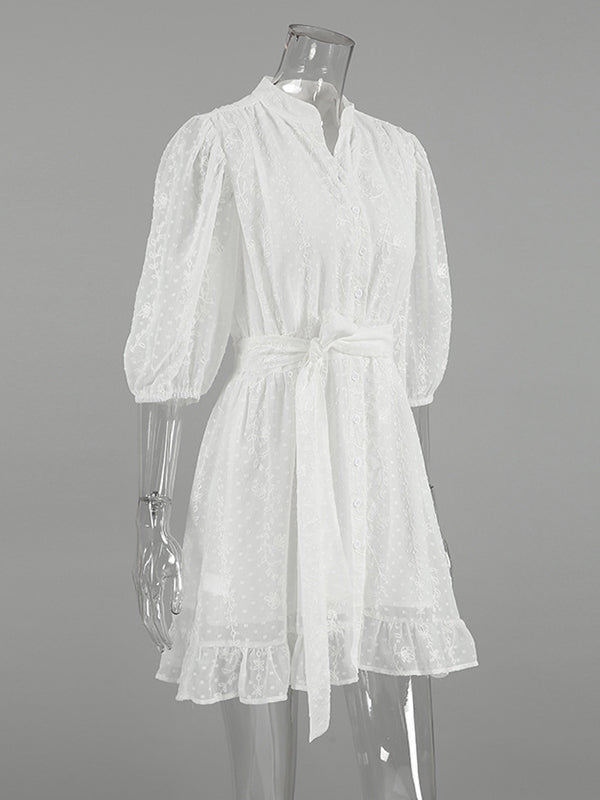 Jacquard Pleated Ruffled See-Through Solid Color Split-Joint Tied Waist Loose Puff Sleeves Stand Collar Mini Dresses