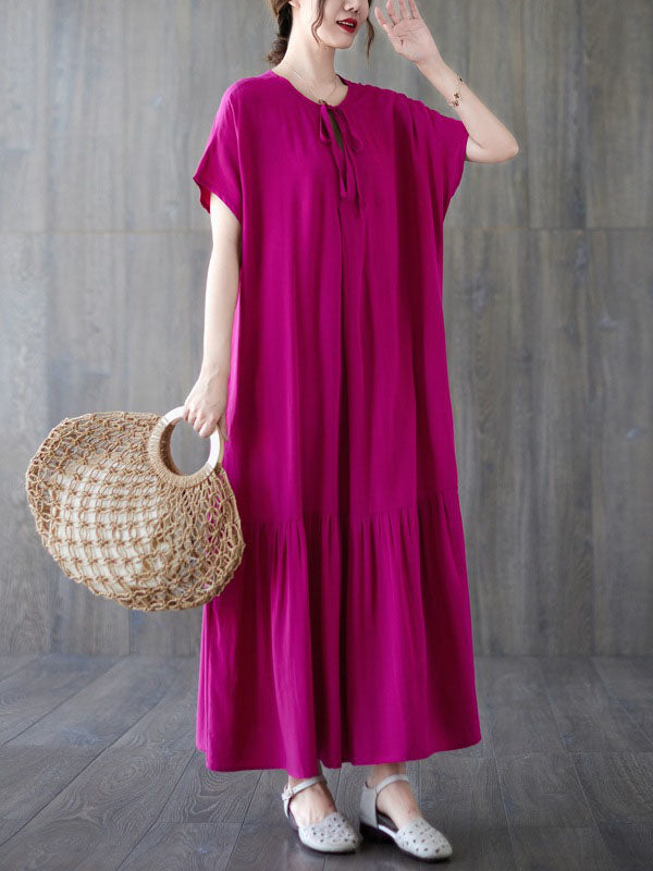 Lace-Up Pleated Solid Color Split-Joint Loose Short Sleeves Round-Neck Midi Dresses