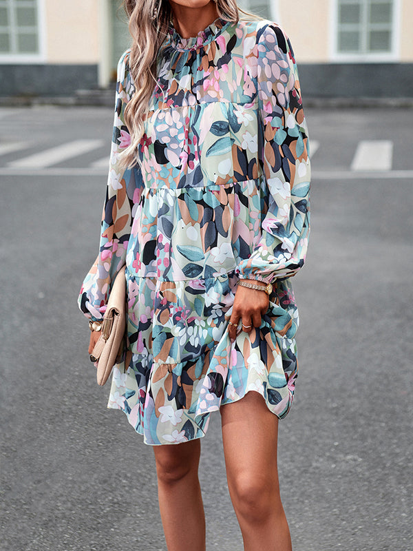 Printed Split-Joint Tied A-Line High Waisted Mock Neck Mini Dresses