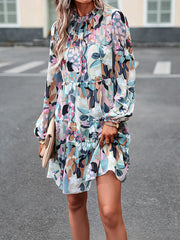 Printed Split-Joint Tied A-Line High Waisted Mock Neck Mini Dresses