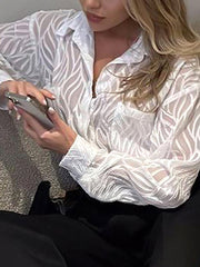 Buttoned Pockets See-Through Solid Color Split-Joint Long Sleeves Loose Lapel Blouses&Shirts Tops