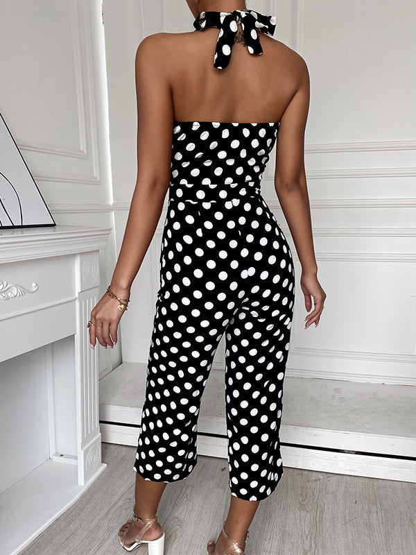 Backless Polka-Dot High Waisted Ninth Pants Halter-Neck Jumpsuits