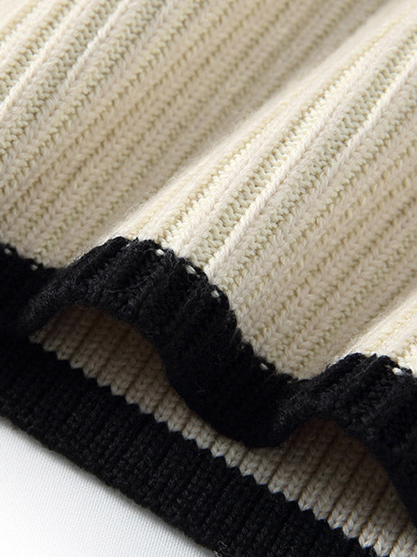 Contrast Color Pleated Split-Joint Split-Side Striped Patterns Long Sleeves Loose High Neck Sweater Tops