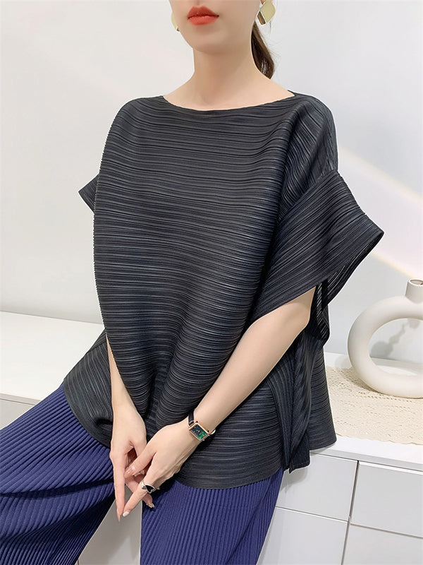 Pleated Solid Color Batwing Sleeves Loose Round-Neck T-Shirts Tops