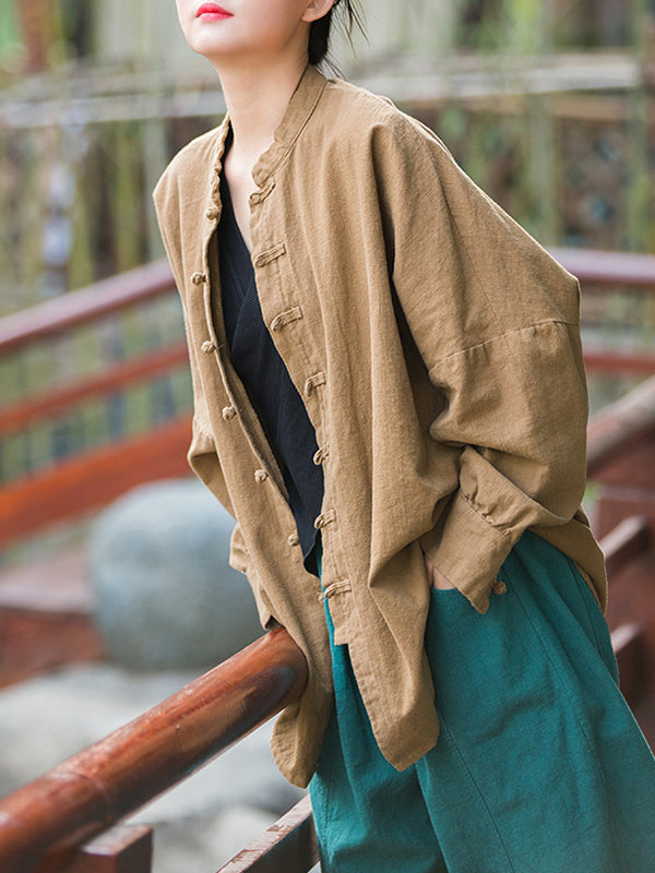 Chinese Frog Buttons Pleated Solid Color Split-Joint Batwing Sleeves Loose Stand Collar Blouses