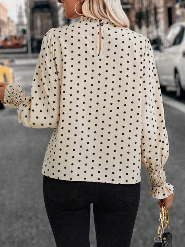 Elasticity Hollow Pleated Polka-Dot Long Sleeves Loose Mock Neck Blouses&Shirts Tops
