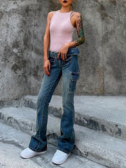 Stylish Multi-Pocket High-Waisted Split-Joint Jean Pants